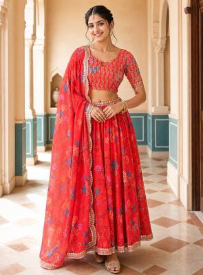 Digital Floral Print Faux Georget Multi Sequnce Work Lehenga Choli With Unstitched Blouse and Stitched Dupatta 2