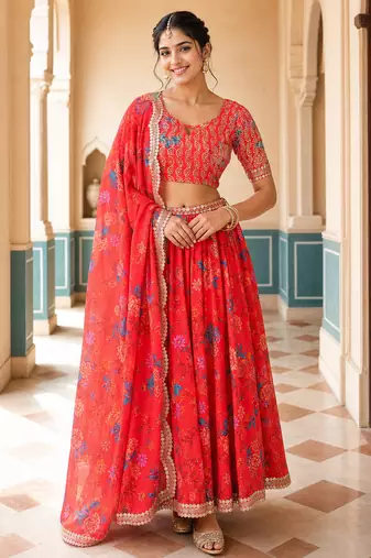Digital Floral Print Faux Georget Multi Sequnce Work Lehenga Choli With Unstitched Blouse and Stitched Dupatta