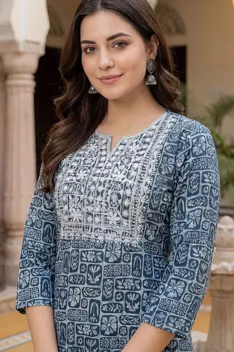 Women Ethnic Motifs Printed Regular Thread Work Pure Cotton Kurta with Trousers