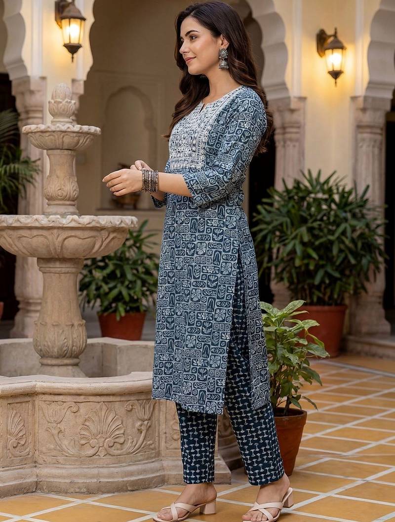 Women Ethnic Motifs Printed Regular Thread Work Pure Cotton Kurta with Trousers