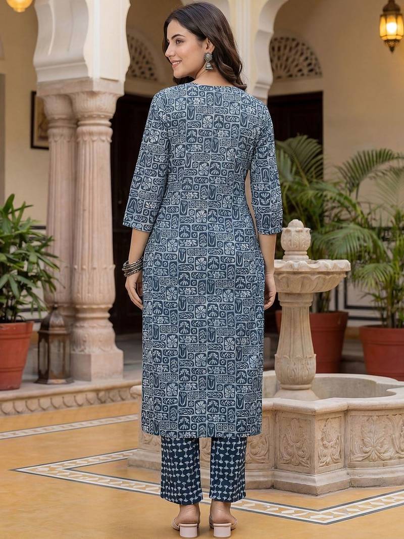 Women Ethnic Motifs Printed Regular Thread Work Pure Cotton Kurta with Trousers