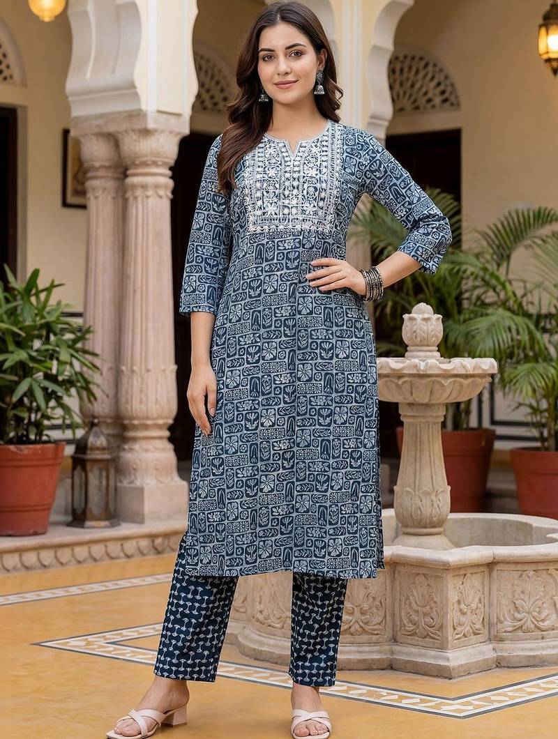 Women Ethnic Motifs Printed Regular Thread Work Pure Cotton Kurta with Trousers