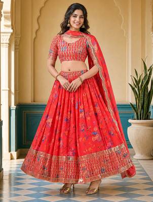 Digital Floral Print Faux Georget Multi Sequnce Work Lehenga Choli With Unstitched Blouse and Stitched Dupatta 3