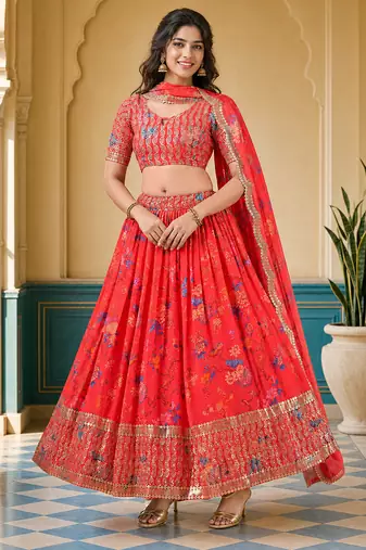 Digital Floral Print Faux Georget Multi Sequnce Work Lehenga Choli With Unstitched Blouse and Stitched Dupatta