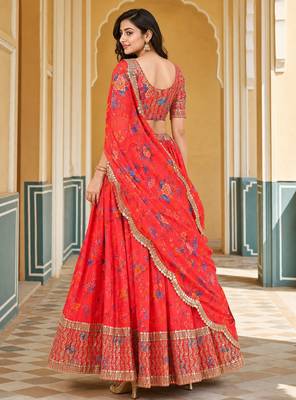 Digital Floral Print Faux Georget Multi Sequnce Work Lehenga Choli With Unstitched Blouse and Stitched Dupatta 4