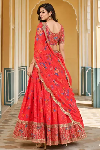 Digital Floral Print Faux Georget Multi Sequnce Work Lehenga Choli With Unstitched Blouse and Stitched Dupatta