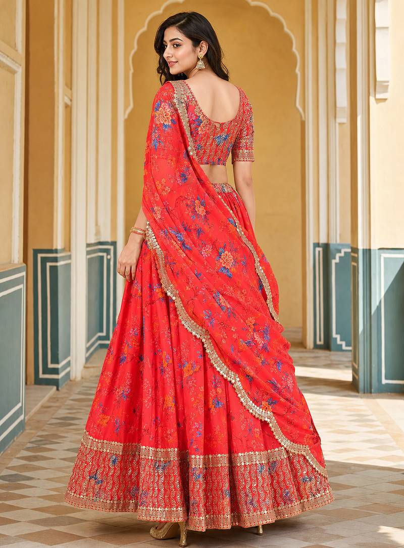 Digital Floral Print Faux Georget Multi Sequnce Work Lehenga Choli With Unstitched Blouse and Stitched Dupatta