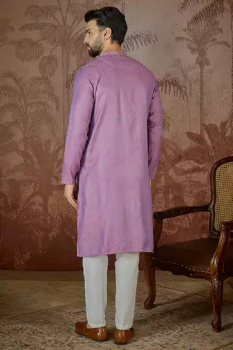 Mens purple jacquard geometric embroidered kurta with trouser