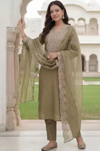 Women Ethnic Motifs Embroidered Regular Sequinned Kurta with Trousers & With Dupatta