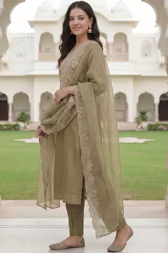Women Ethnic Motifs Embroidered Regular Sequinned Kurta with Trousers & With Dupatta
