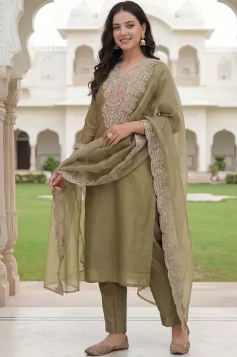 Women Ethnic Motifs Embroidered Regular Sequinned Kurta with Trousers & With Dupatta