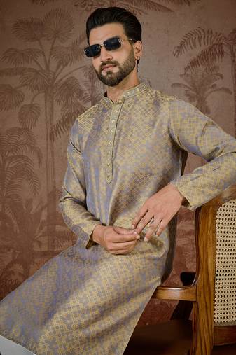Mens grey jacquard geometric embroidered kurta with trouser