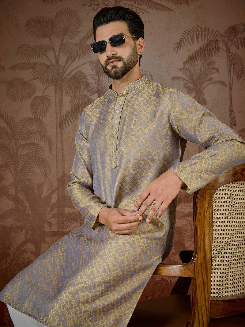 Mens grey jacquard geometric embroidered kurta with trouser