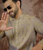 Mens grey jacquard geometric embroidered kurta with trouser