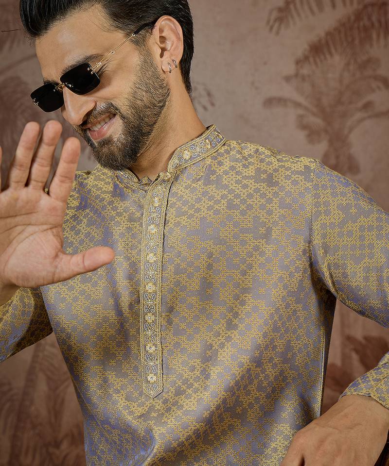 Mens grey jacquard geometric embroidered kurta with trouser