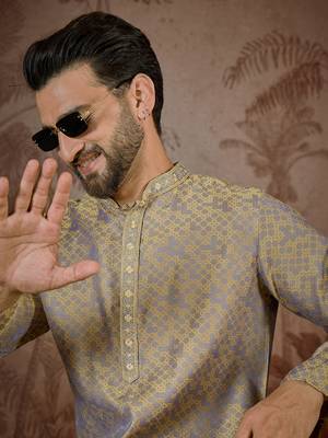 Mens grey jacquard geometric embroidered kurta with trouser 2