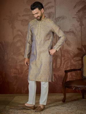 Mens grey jacquard geometric embroidered kurta with trouser 3
