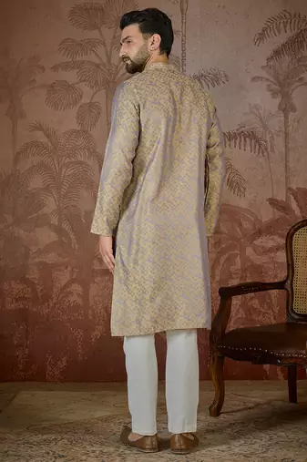Mens grey jacquard geometric embroidered kurta with trouser