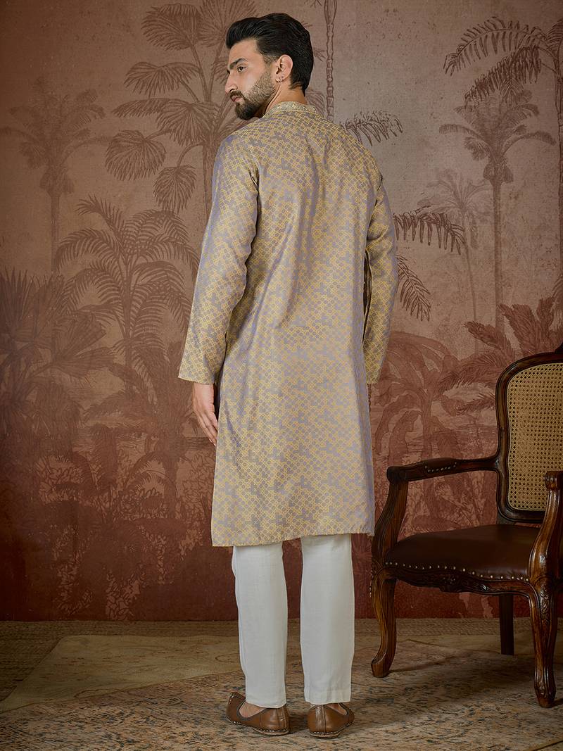 Mens grey jacquard geometric embroidered kurta with trouser