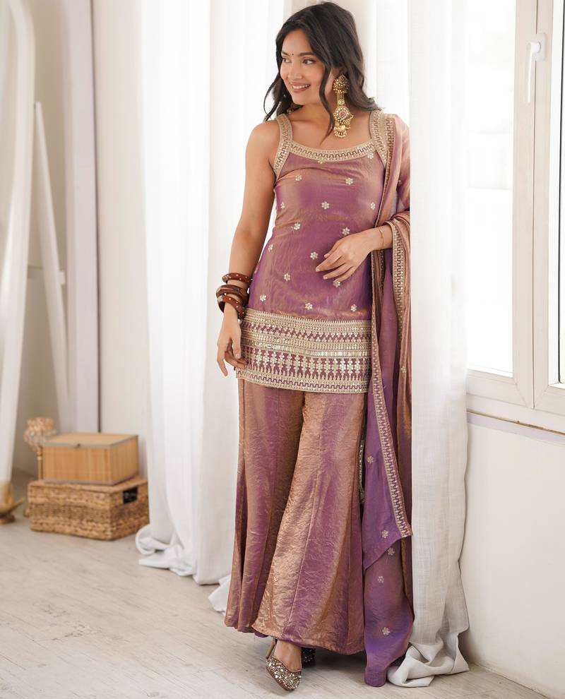 Embroidered Fendy Silk Straight Kurta Pant and Dupatta Set