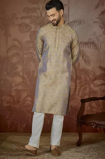 Mens grey jacquard geometric embroidered kurta with trouser