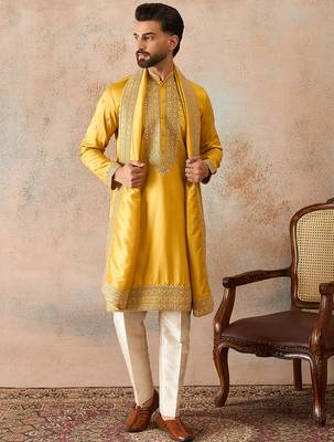 Mens yellow silk blend solid embroidered kurta with dupatta 2