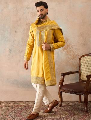 Mens yellow silk blend solid embroidered kurta with dupatta 3