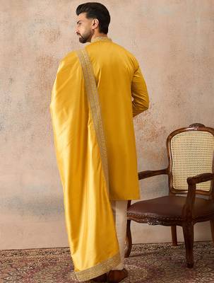 Mens yellow silk blend solid embroidered kurta with dupatta 4