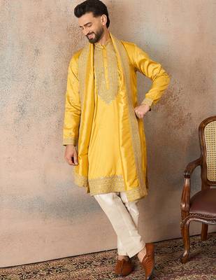 Mens yellow silk blend solid embroidered kurta with dupatta 5