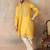 Mens yellow silk blend solid embroidered kurta with dupatta