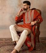 Mens orange silk blend solid embroidered kurta with dupatta