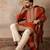 Mens orange silk blend solid embroidered kurta with dupatta