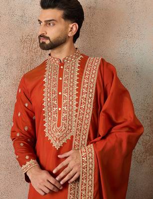 Mens orange silk blend solid embroidered kurta with dupatta 1