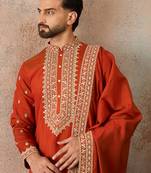 Mens orange silk blend solid embroidered kurta with dupatta