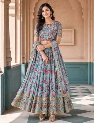 Digital Floral Print Faux Georget Multi Sequnce Work Lehenga Choli With Unstitched Blouse and Stitched Dupatta 1