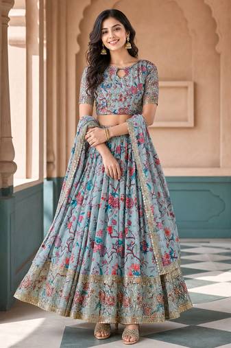 Digital Floral Print Faux Georget Multi Sequnce Work Lehenga Choli With Unstitched Blouse and Stitched Dupatta