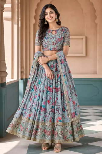 Digital Floral Print Faux Georget Multi Sequnce Work Lehenga Choli With Unstitched Blouse and Stitched Dupatta