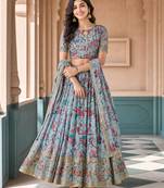 Digital Floral Print Faux Georget Multi Sequnce Work Lehenga Choli With Unstitched Blouse and Stitched Dupatta