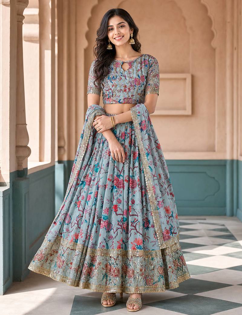 Digital Floral Print Faux Georget Multi Sequnce Work Lehenga Choli With Unstitched Blouse and Stitched Dupatta