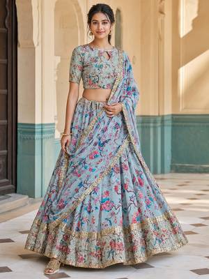 Digital Floral Print Faux Georget Multi Sequnce Work Lehenga Choli With Unstitched Blouse and Stitched Dupatta 2
