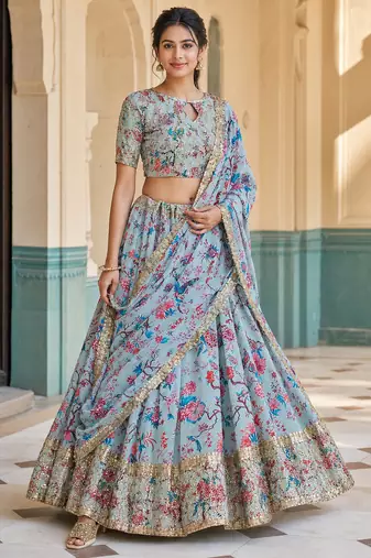Digital Floral Print Faux Georget Multi Sequnce Work Lehenga Choli With Unstitched Blouse and Stitched Dupatta
