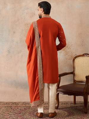 Mens orange silk blend solid embroidered kurta with dupatta 4
