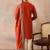 Mens orange silk blend solid embroidered kurta with dupatta