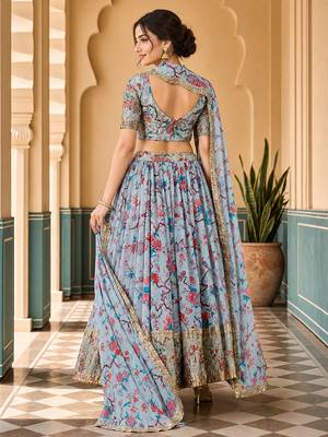 Digital Floral Print Faux Georget Multi Sequnce Work Lehenga Choli With Unstitched Blouse and Stitched Dupatta 3