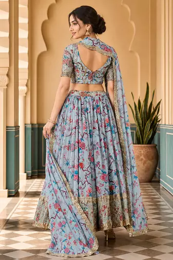 Digital Floral Print Faux Georget Multi Sequnce Work Lehenga Choli With Unstitched Blouse and Stitched Dupatta