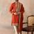 Mens orange silk blend solid embroidered kurta with dupatta