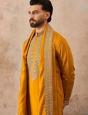 Mens mustard silk blend solid embroidered kurta with dupatta 1