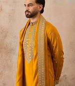 Mens mustard silk blend solid embroidered kurta with dupatta