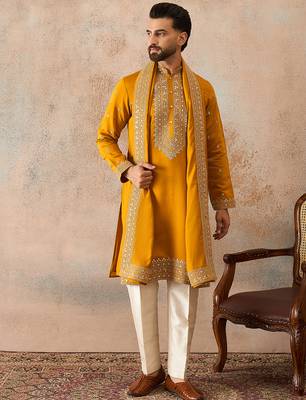 Mens mustard silk blend solid embroidered kurta with dupatta 2