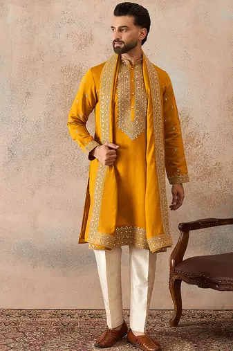 Mens mustard silk blend solid embroidered kurta with dupatta